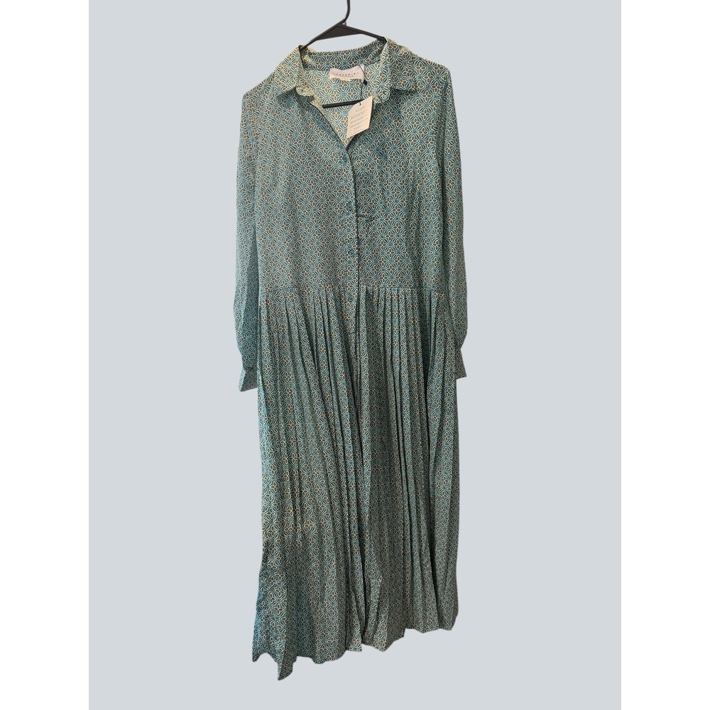 The Shirt Rochelle Behrens Claudia Dress XS Duckegg Blue Geometric Pleated Midi